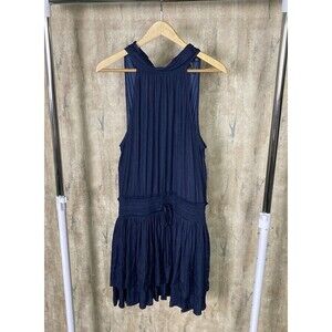 VERSONA Sz XL Short Dress Tiered Skirt Tie High Neck Blue Silky Nautical EUC
